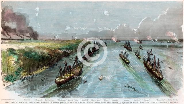 Bombardment of Forts Jackson and St Philip, Louisiana, American Civil War, April 1862. Artist: Unknown