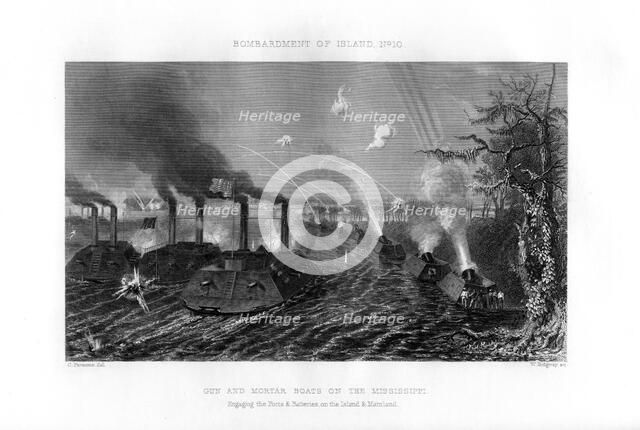 Bombardment of Island Number Ten, Mississippi River, 7 April 1862, (1862-1867).Artist: W Ridgway