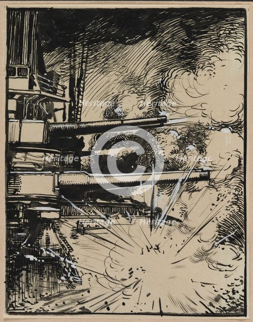 Bombe explosant sur un cuirasse aux canons braques, 1914. Creator: Auguste Louis Lepère (French, 1849-1918).