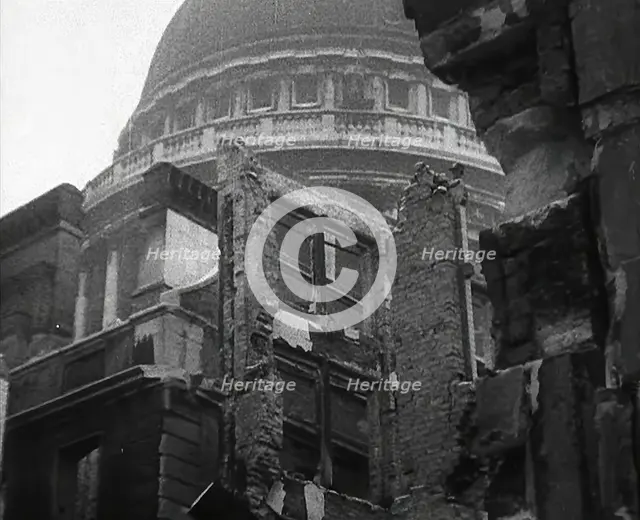Bombed Out Buildings in Front of St Paul's Cathedral, 1942. Creator: British Pathe Ltd.