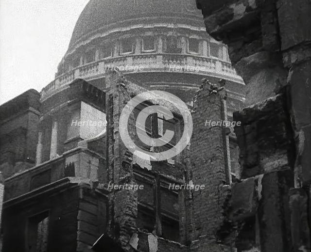 Bombed Out Buildings in Front of St Paul's Cathedral, 1942. Creator: British Pathe Ltd.