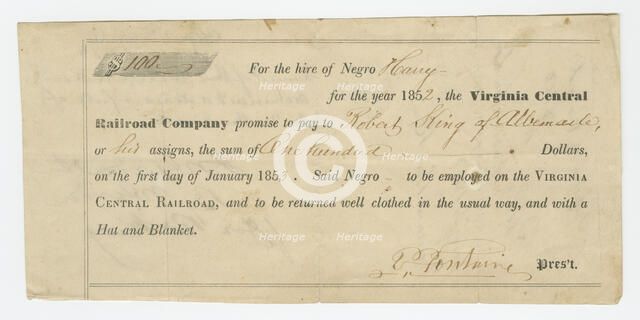Bond for the hire of enslaved man named Harry by the Virginia Central Railroad, 1852. Creator: Unknown.