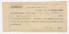 Bond for the hire of enslaved man named Harry by the Virginia Central Railroad, 1852. Creator: Unknown