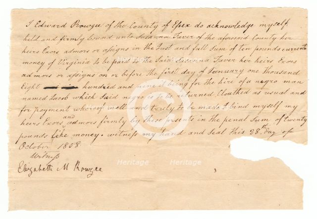 Bond for the hire of the enslaved man Jacob by Edward Rouzee, October 28, 1808. Creator: Unknown.