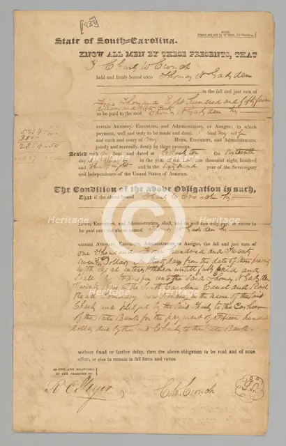Bond from Charles Crouch to Thomas Gadsden, February 16, 1838. Creator: Unknown.