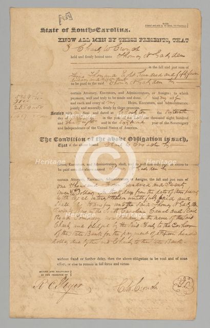 Bond from Charles Crouch to Thomas Gadsden, February 16, 1838. Creator: Unknown.