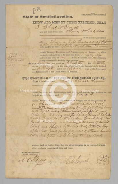 Bond from Charles Crouch to Thomas Gadsden, February 16, 1838. Creator: Unknown.