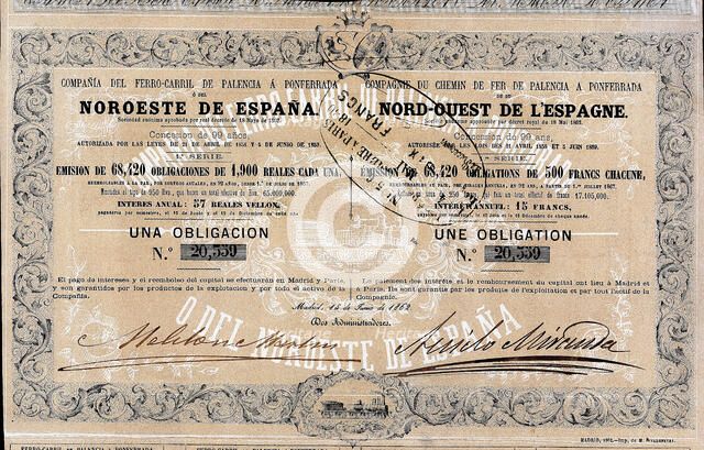 Bond of 1900 reales to the 3% of the Compañía del Ferrocarril de Palencia a Ponferrada (Railway C…