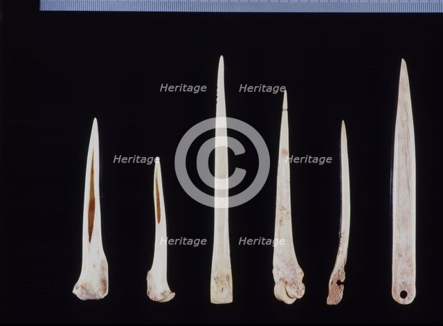 Bone awls and needles from the Cova de l'Or (Beniarrés, Alicante). Made by abrasion technique. Le…