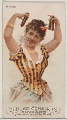 Bones, from the Musical Instruments series (N82) for Duke brand cigarettes, 1888., 1888. Creator: Schumacher & Ettlinger