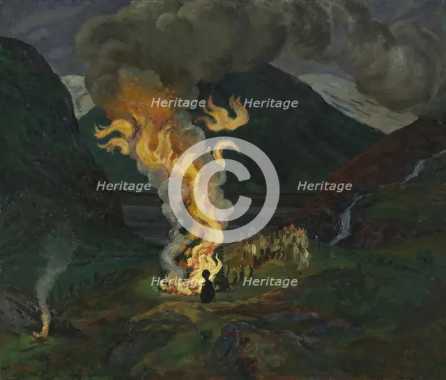 Bonfire celebrating Midsummer Night, 1912 and 1926. Creator: Nikolai Johannes Astrup.