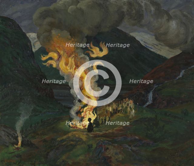 Bonfire celebrating Midsummer Night, 1912 and 1926. Creator: Nikolai Johannes Astrup.