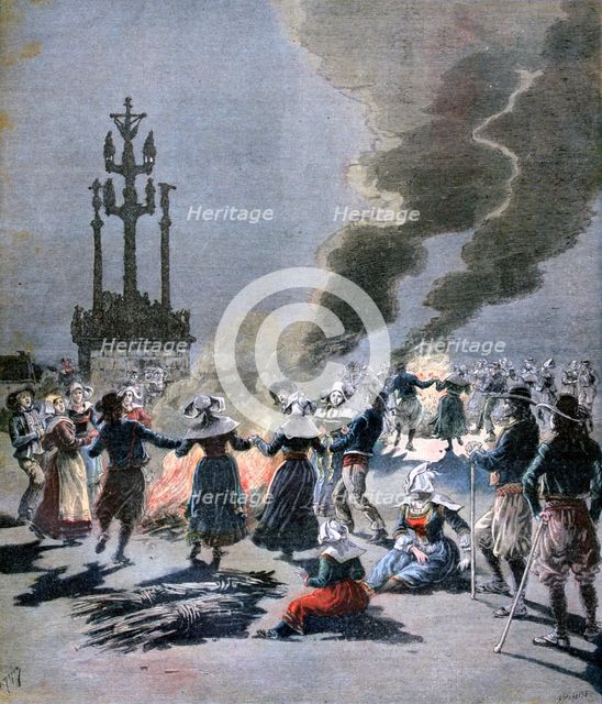 Bonfires lit to celebrate the summer solstice in Brittany, 1893. Creator: F Meaulle.
