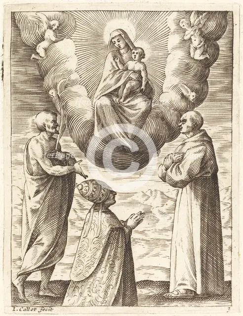 Boniface VIII with Saints Francis and Crispin Adoring the Virgin and Child, 1608/1611. Creator: Jacques Callot.