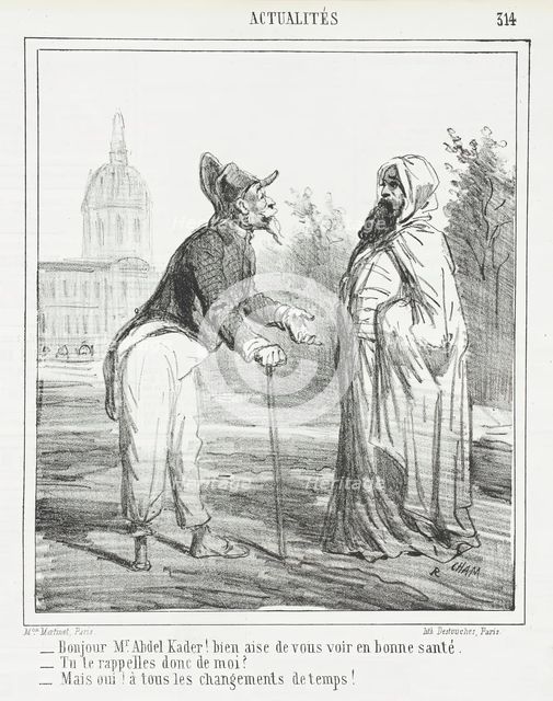 Bonjour Monsieur Abdel Kader! Bien aise de vous voir en bonne santé. -Tu te rappelles..., 1865. Creator: Cham.