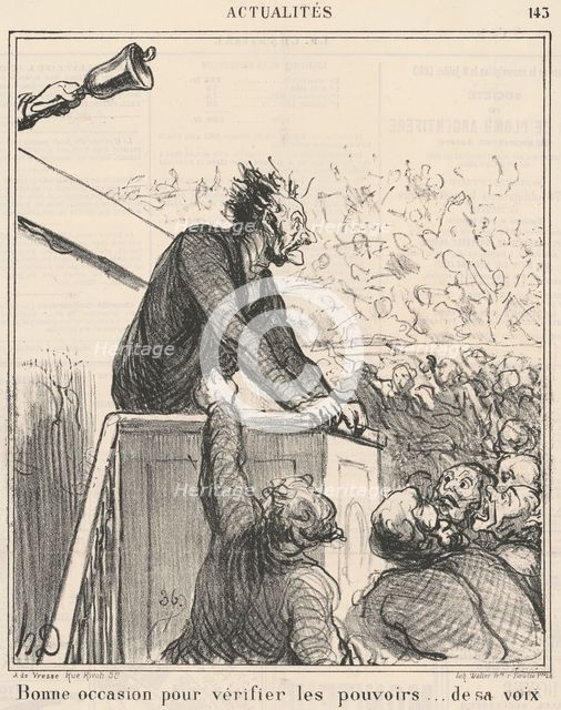 Bonne occasion pour vérifier les pouvoirs ...de sa voix, 19th century.  Creator: Honore Daumier.