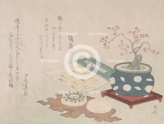 Bonsai Plum, Compass, and Pocket Sundial with Design of Calendar, from Spring Rain Surimon..., 1806. Creator: Shinsai.