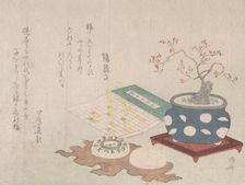 Bonsai Plum, Compass, and Pocket Sundial with Design of Calendar, from Spring Rain Surimon..., 1806. Creator: Shinsai