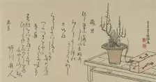 Bonsai Plum Tree on Bench and Box, 1796. Creator: Kubo Shunman