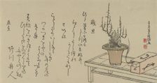 Bonsai Plum Tree on Bench and Box, 1796. Creator: Kubo Shunman