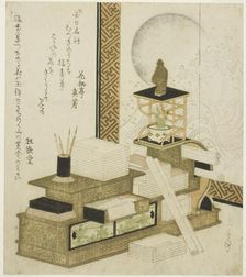 Bookcase with Writing Utensils, Books, and Potted Adonis, c. 1820s/30s. Creator: Gakutei