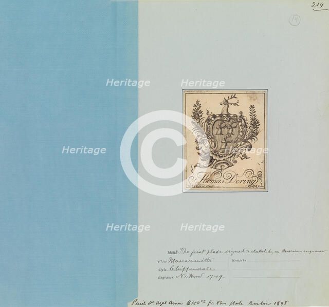 Bookplate of Thomas Dering, 1749., 1749. Creator: Nathaniel Hurd.