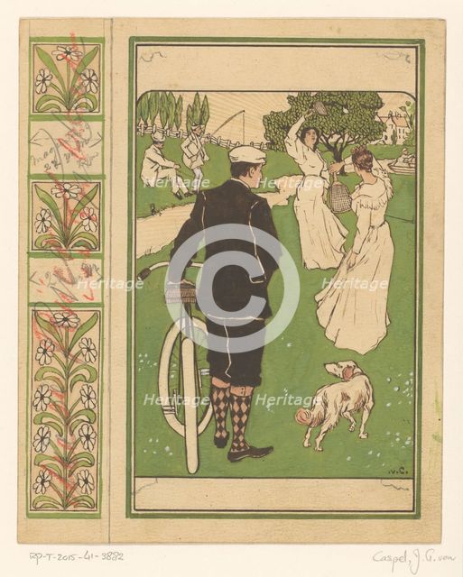 Book cover design, man with bicycle and badminton players, 1880-1928.  Creator: Johann Georg van Caspel.