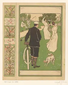 Book cover design, man with bicycle and badminton players, 1880-1928. Creator: Johann Georg van Caspel