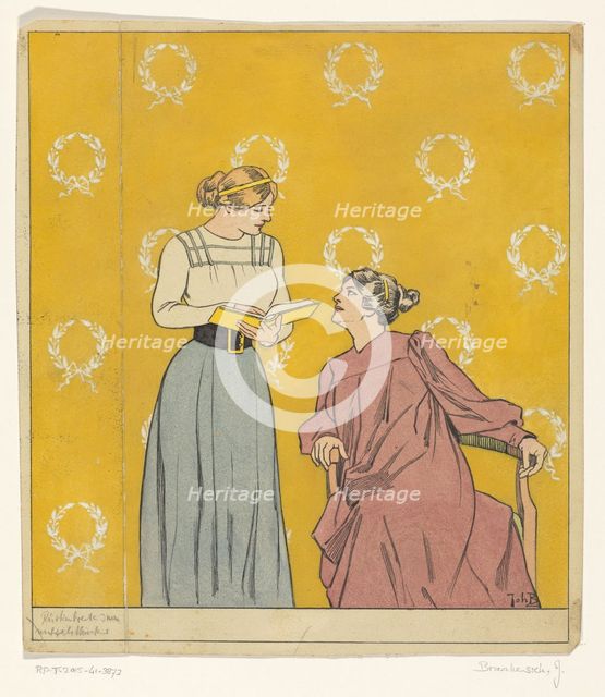 Book cover design: two women with a book, 1868-1940. Creator: Johan Coenraad Braakensiek.