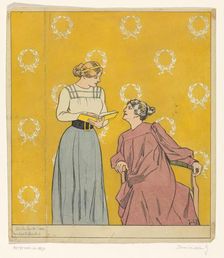 Book cover design: two women with a book, 1868-1940. Creator: Johan Coenraad Braakensiek