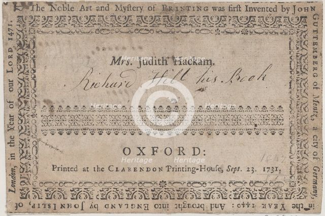 Book Label for Mrs. Judith Hackam, 19th century., 19th century. Creator: Anon.