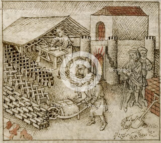 Book of Exodus: Israelites making bricks, mid 15th century. Creator: Unknown.