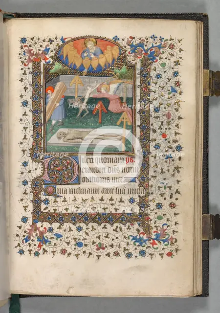 Book of Hours (Use of Paris): Fol. 118r, Angel and Devil Fighting over a Soul, c. 1420. Creator: The Bedford Master (French, Paris, active c. 1405-30), possibly studio or workshop of.