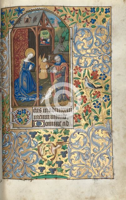 Book of Hours (Use of Rouen): fol. 56r, Adoration with Shepherds/Nativity, c. 1470. Creator: Master of the Geneva Latini (French, active Rouen, 1460-80).