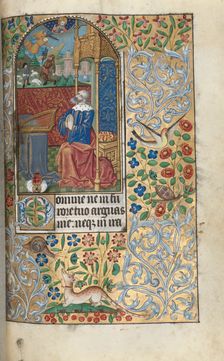 Book of Hours (Use of Rouen): fol. 80r, David Penitent, in the Distance David Slaying Goliath, c1470 Creator: Master of the Geneva Latini (French, active Rouen, 1460-80)