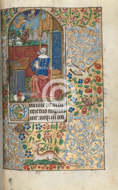 Book of Hours (Use of Rouen): fol. 80r, David Penitent, in the Distance David Slaying Goliath, c1470 Creator: Master of the Geneva Latini (French, active Rouen, 1460-80).
