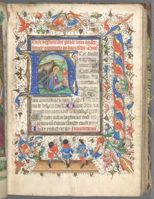 Book of Hours (Use of Utrecht): fol. 14r, Initial with The Nativity, c. 1460-1465. Creator: Master of Gijsbrecht van Brederode (Netherlandish); Master of the Boston City of God (Netherlandish)