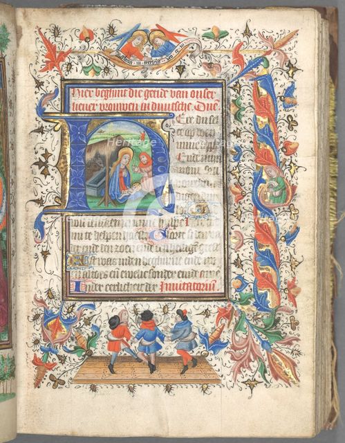 Book of Hours (Use of Utrecht): fol. 14r, Initial with The Nativity, c. 1460-1465. Creator: Master of Gijsbrecht van Brederode (Netherlandish); Master of the Boston City of God (Netherlandish).