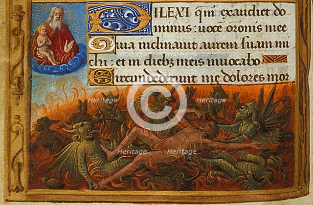 Book of Hours, Detail: Dives tormented by demons and watched by the soul of Lazarus, c. 1500. Artist: Poyet, Jean (active 1483-1497)