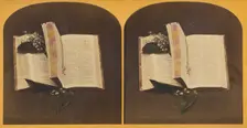 Book opened at two spots, one with book mark string, the other with flowers, about 1870-1880. Creator: Unknown