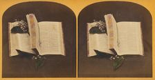Book opened at two spots, one with book mark string, the other with flowers, about 1870-1880. Creator: Unknown