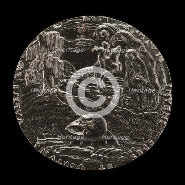 Book, Skull, Bones, and Rider in Landscape [reverse], 1526. Creator: Master M.P..