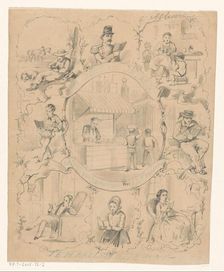 Book stall on a market surrounded by eight scenes with reading figures, c.1860-c.1862. Creator: Charles Rochussen