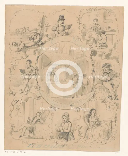 Book stall on a market surrounded by eight scenes with reading figures, c.1860-c.1862. Creator: Charles Rochussen.