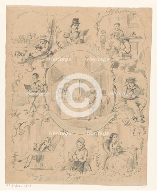 Book stall on a market surrounded by eight scenes with reading figures, c.1860-c.1862. Creator: Charles Rochussen.
