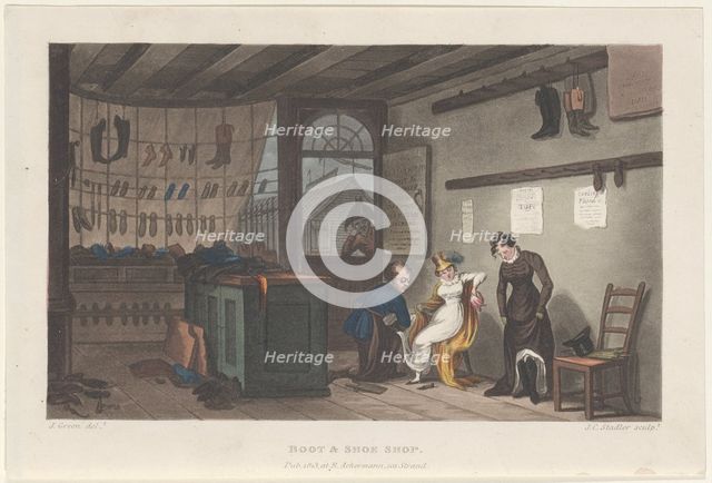 Boot & Shoe Shop, from "Poetical Sketches of Scarborough", 1813., 1813. Creators: Thomas Rowlandson, Joseph Constantine Stadler, J. Bluck.