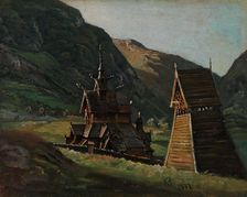Borgund Stave Church in Laerdal, 1833. Creator: Knud Baade