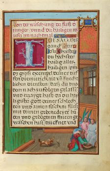 Border with Abraham Washing the Feet of the Three Angels, about 1525-1530. Creator: Simon Bening