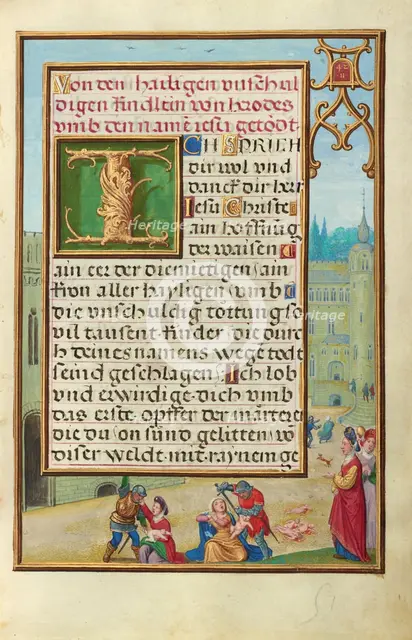 Border with Athaliah Ordering the Massacre of the King's Children, about 1525-1530. Creator: Simon Bening.