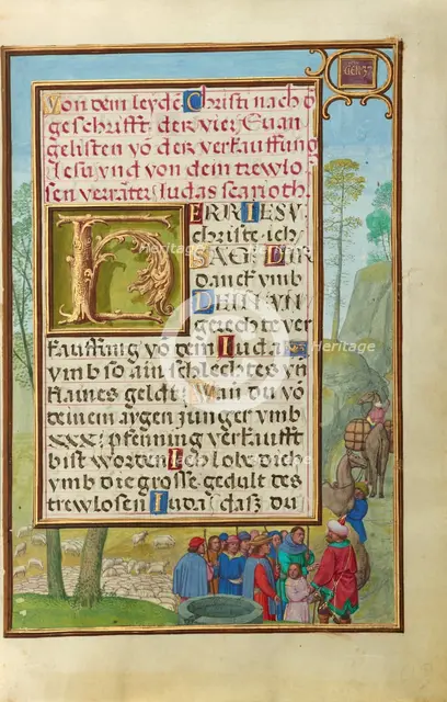 Border with Joseph Being Sold by His Brothers, about 1525-1530. Creator: Simon Bening.